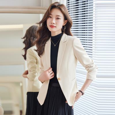 Terno curto bege branco feminino outono novo sentido avançado ajuste fino figura pequena temperamento casaco profissional