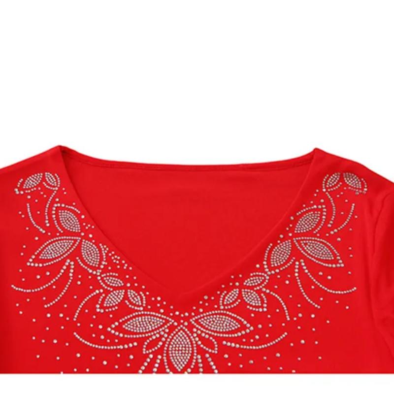 Summer Streetwear Women's Tops Shirt Elegant Slim V-Neck Hot Diamonds Mesh T-Shirt Flare Sleeve Slim Tees