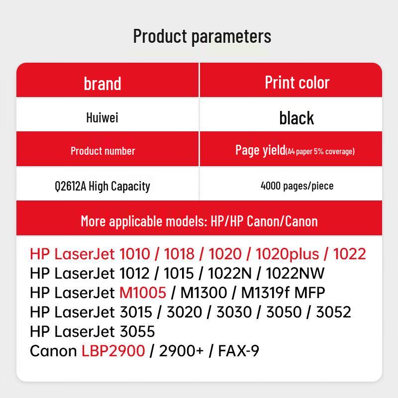Huiwei Q2612A 12A High Capacity Black Toner Cartridge (2-Pack)