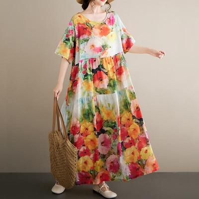 Kurzarm-Übergröße, Vintage-Kleid mit Blumenmuster, neu in Kleidern für Damen, lässig, locker, langes Sommerkleid