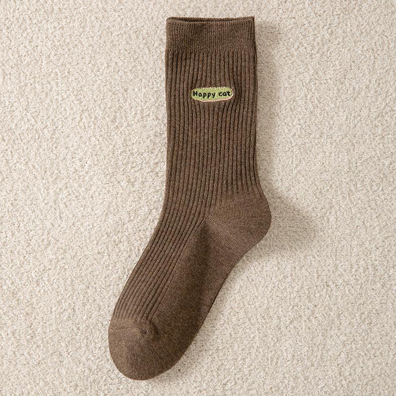 Dámské bavlněné ponožky střední délky v japonském stylu s dvojitou jehlou - Podzim/Zima, Svislý pruh s kreslenou výšivkou