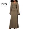 Women Dress U Neck Long Sleeve A Line Slim Fit Skinny Elastic Long Horn Sleeve Back Strap Lace Up Ankle Length Solid Color Maxi Dress