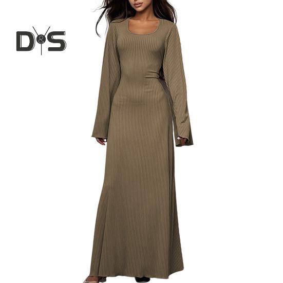 Women Dress U Neck Long Sleeve A Line Slim Fit Skinny Elastic Long Horn Sleeve Back Strap Lace Up Ankle Length Solid Color Maxi Dress