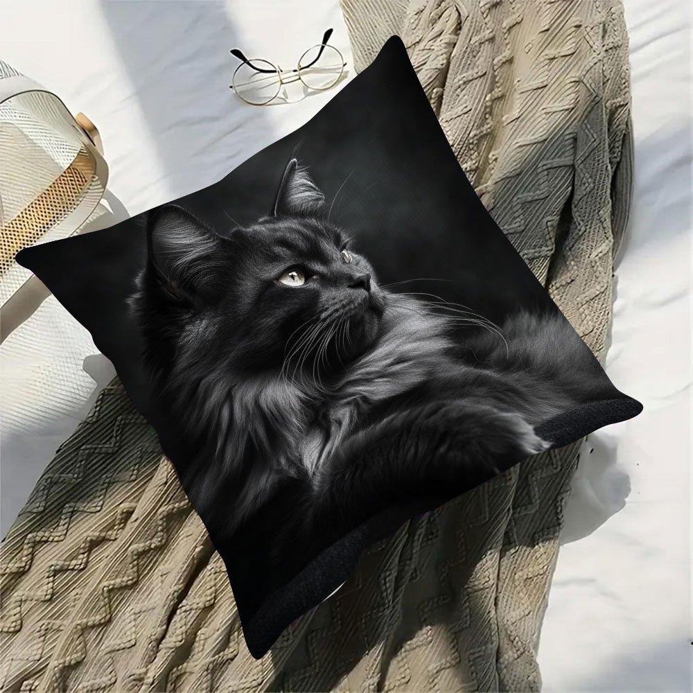 Realistic Black Cat Pillow Case, Fluffy Long Hair Feline Print Cushion Cover, Dark Aesthetic Home Decor for Sofa Bedroom Living