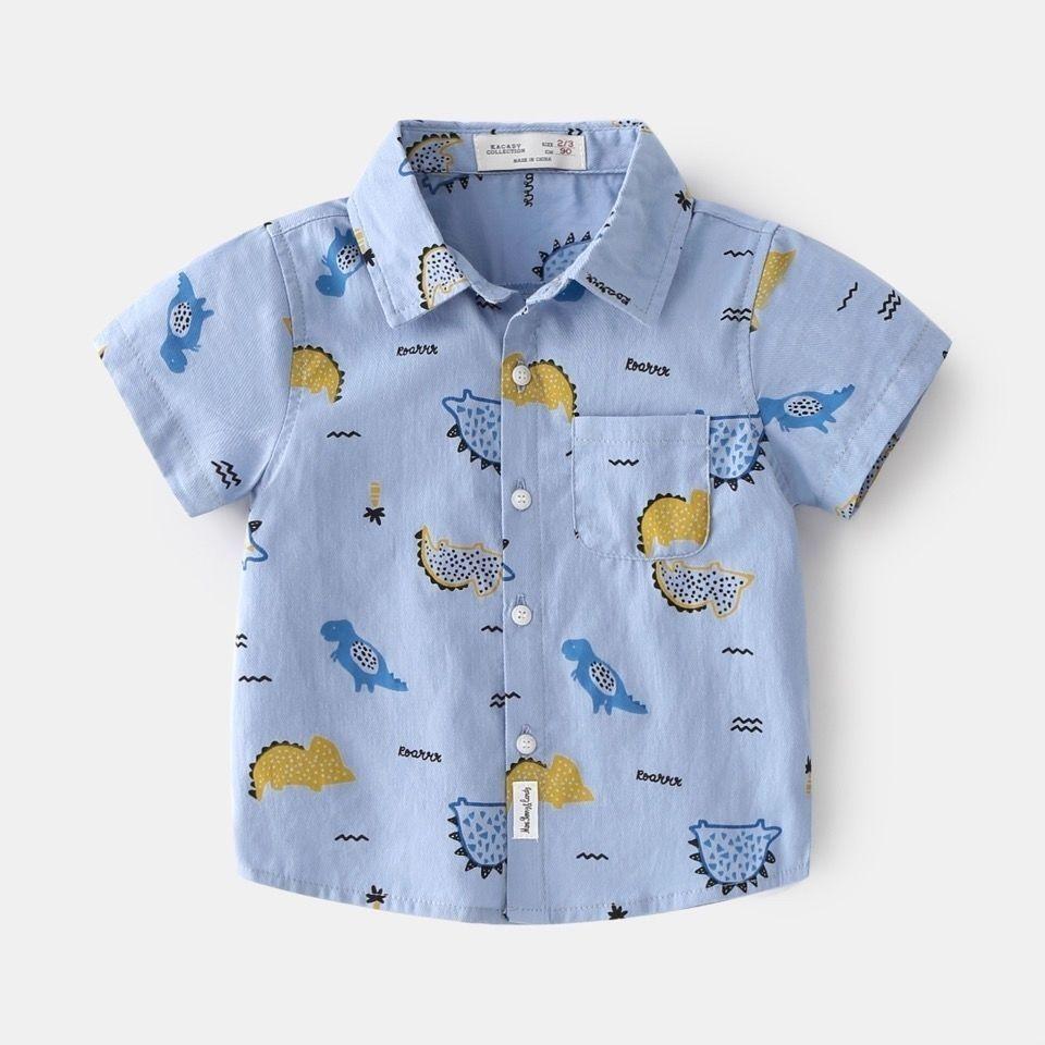 

Детская рубашка, летняя версия, рубашка для мальчиков с корейским рисунком и полным принтом, детская рубашка с коротким рукавом, тренд 130 синий