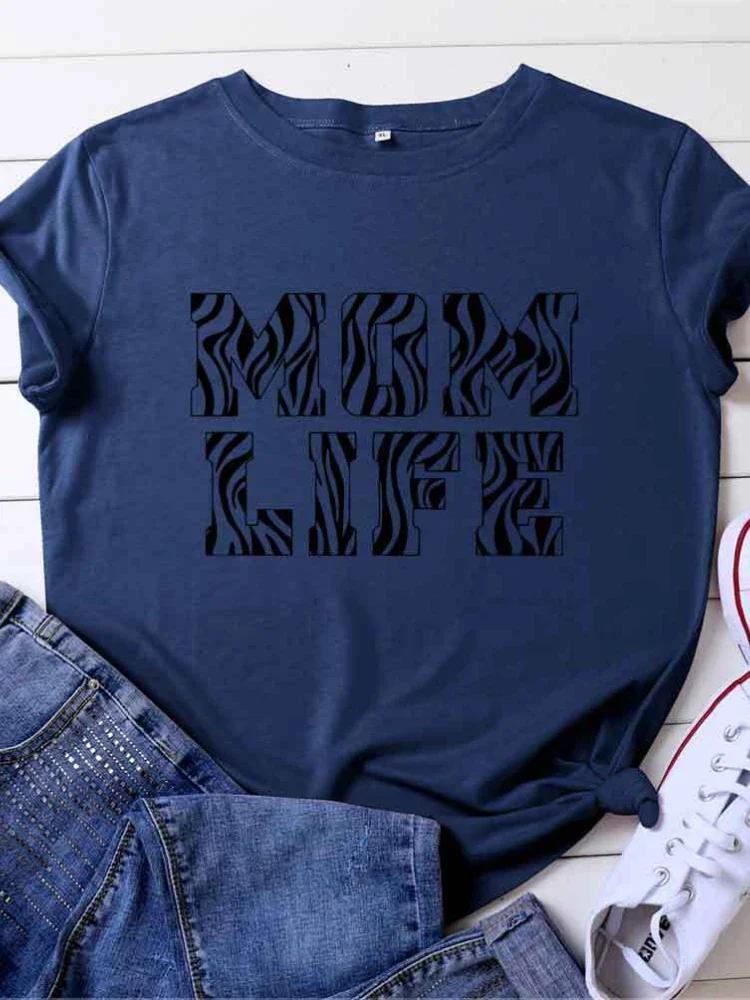 

Футболка с принтом в полоску зебры и буквами MOM LIFE, женская, с коротким рукавом и круглым вырезом, свободная, летняя женская футболка, топы, Camisetas Mujer XXXL темно-синий
