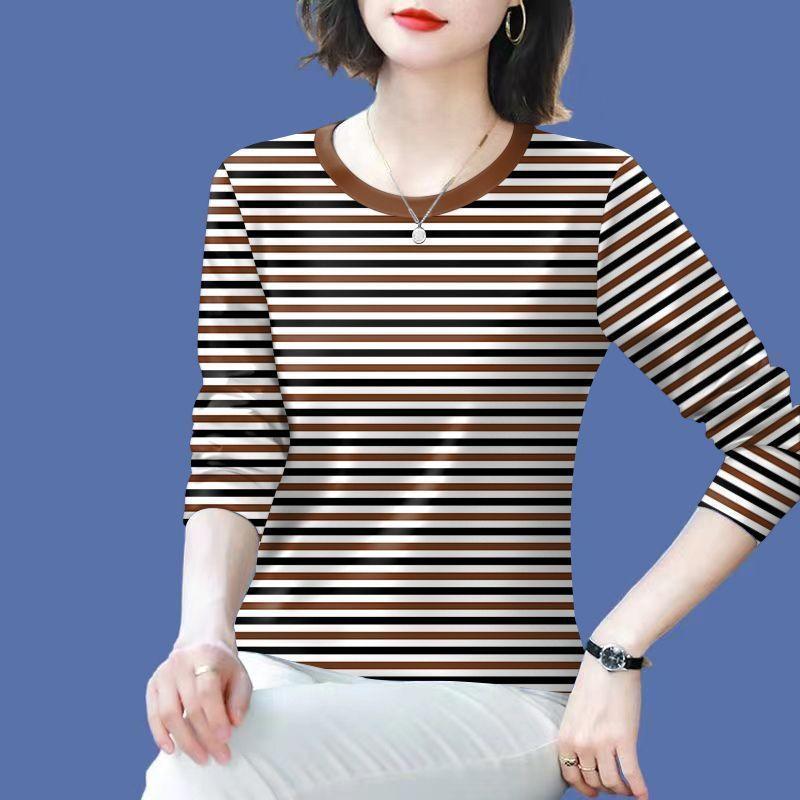 Striped Long Sleeve T-Shirt Polyester Round Neck Loose Fit