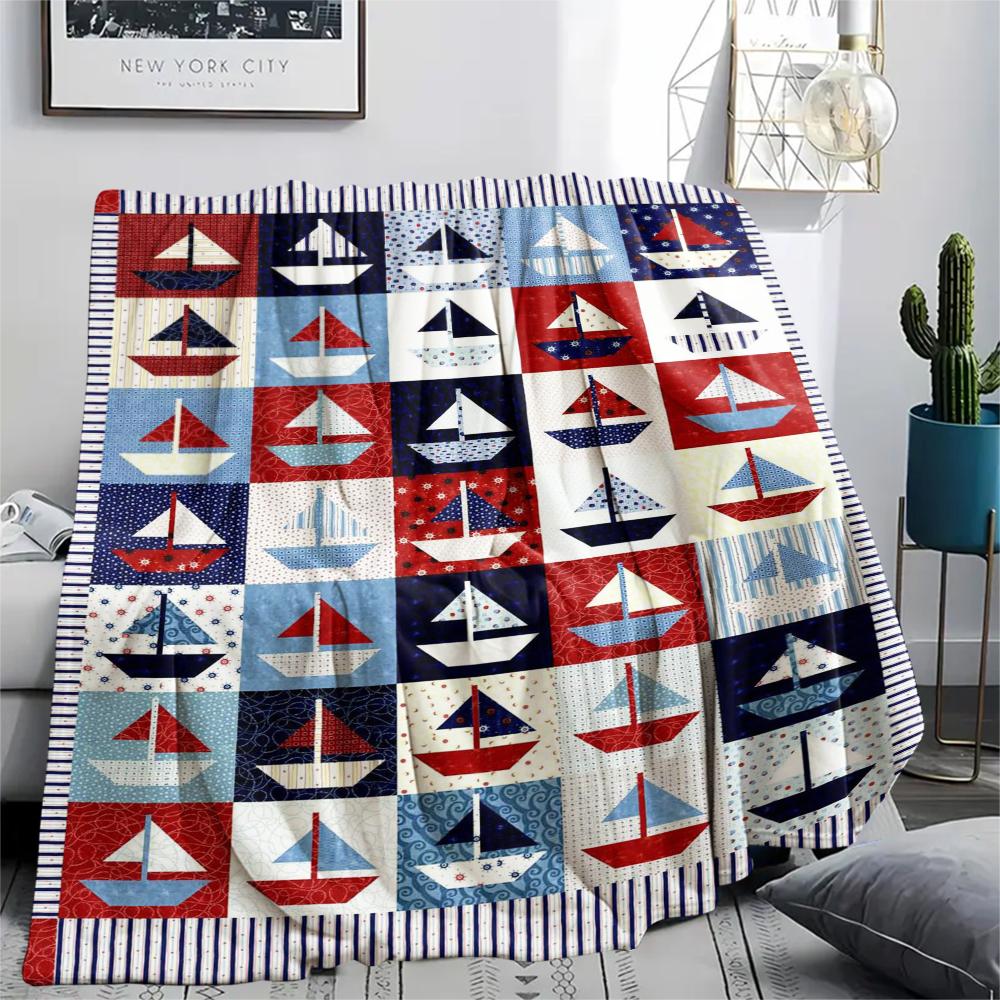 1Pc Nautical Theme Print Flannel Blanket, High quality Comfortable for All Seasons, Home Decor, Warmth and Comfort, Perfect for Christmas Gifts