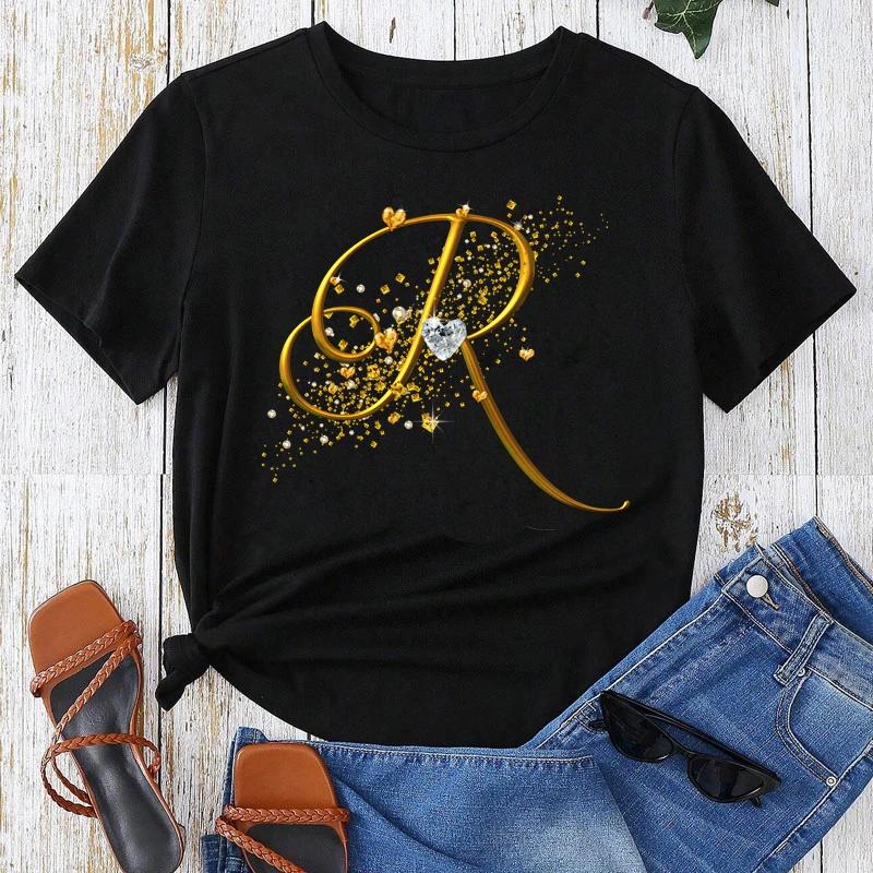 Custom Name Letter Combination Gold Letter Font Short Sleeve Tops Black T-shirt Female Tops
