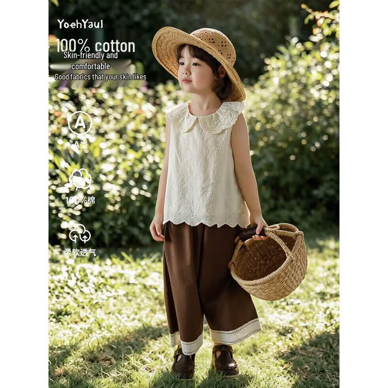 Girls Summer Sleeveless Doll Collar Blouse 120 cm бежевый
