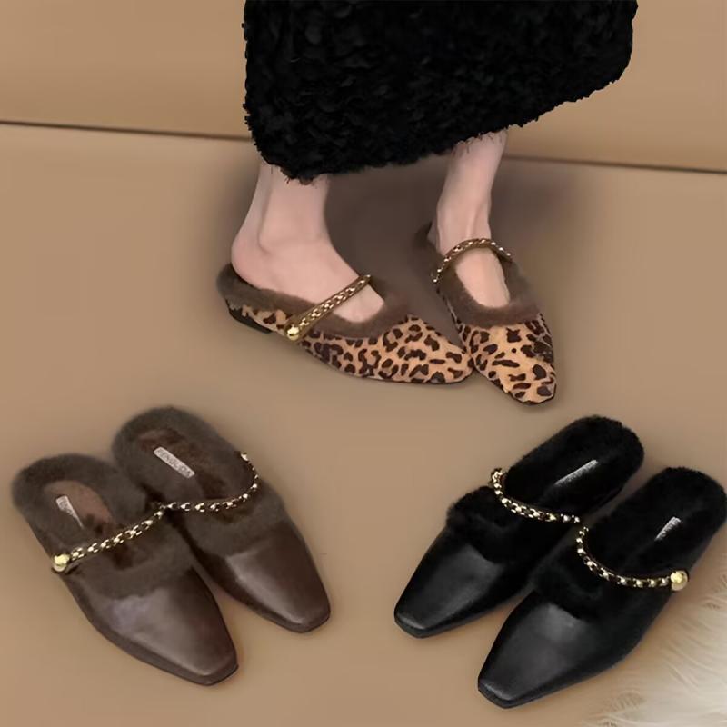 Leopardí dámské baleríny chlupaté pantofle ležérní žabky zimní nazouváky boty 2025 trend slingback krátký plyš móda mujer zapatos