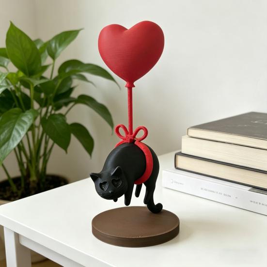 Cute Cat with Red Heart Balloon Figurine 3D Printed Romantic Love Heart Kitten Statue for Desk Shelf Decor Gifts for Cat Lovers