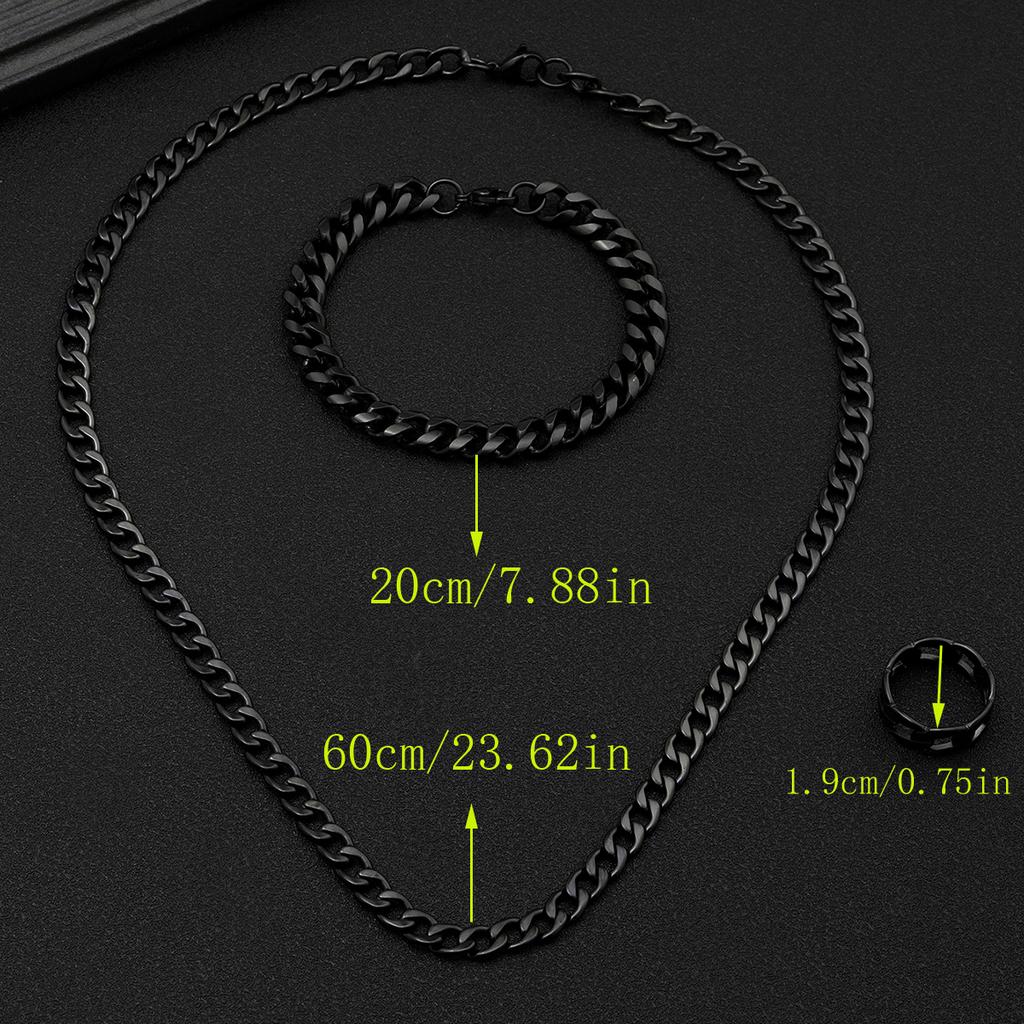 3-piece Men's Jewelry Set, Black Cuban Chain Necklace, Bracelet, Ring, Vintage Style Design, Elegant Choice