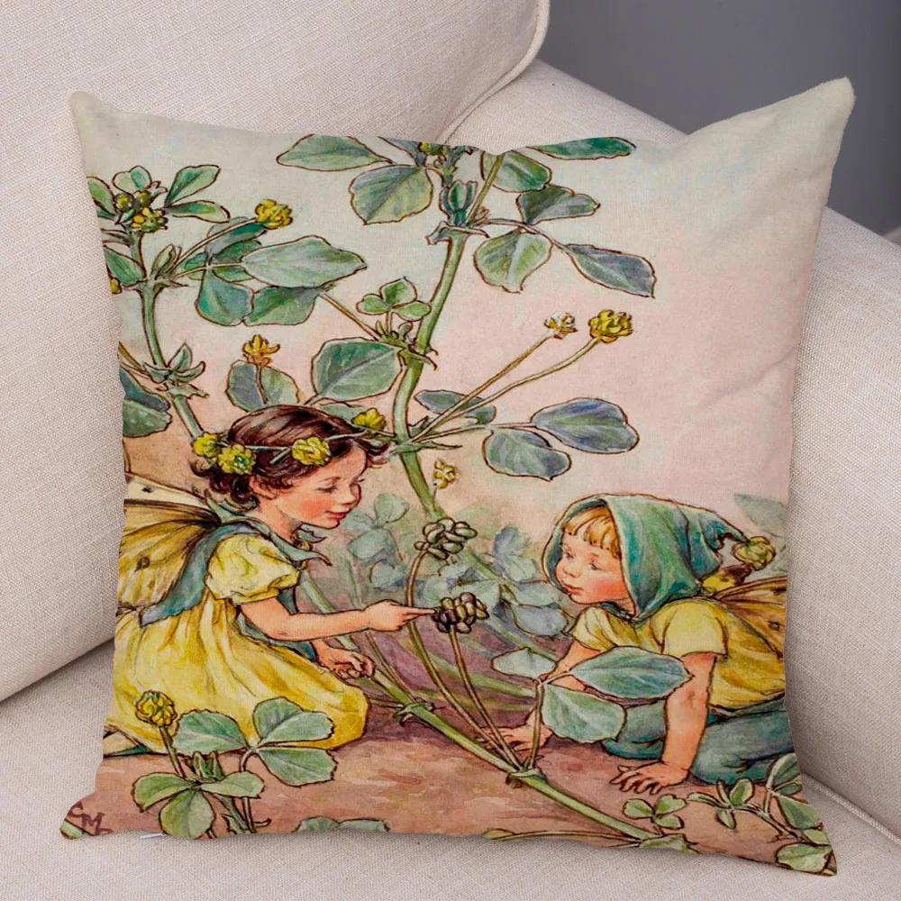 Vintage Cartoon Elfen Kissenbezug Dekor Bunte Märchenwelt Kissenbezug Plüsch Blumenmädchen Kissenbezug für Sofa Zuhause