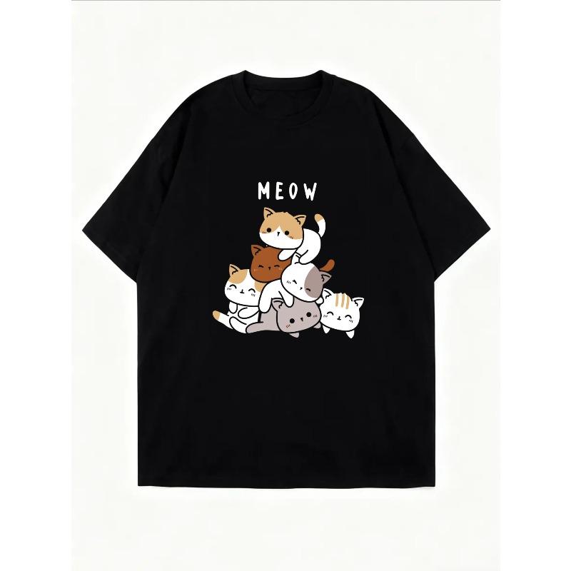 Roztomilé tričko s potiskem kočky bílé Mňau Kočky a tlapky design pro běžné nošení