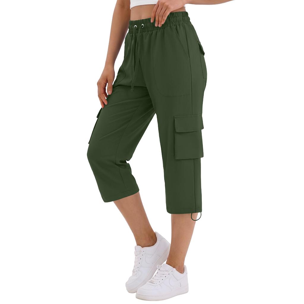Women Casual Solid Color Loose Fit Sport Cargo Capri Pants with Elastic Waist and Adjustable Drawstring for Outdoor Activities
