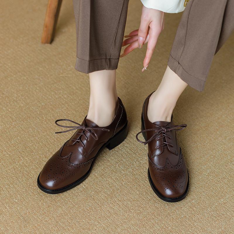 Fashion Women Oxford Shoes Spring/Autumn Women Shoes Genuine Leather Shoes for Women Brogues Vintage Lace Up Casual Brown Handmade Pumps