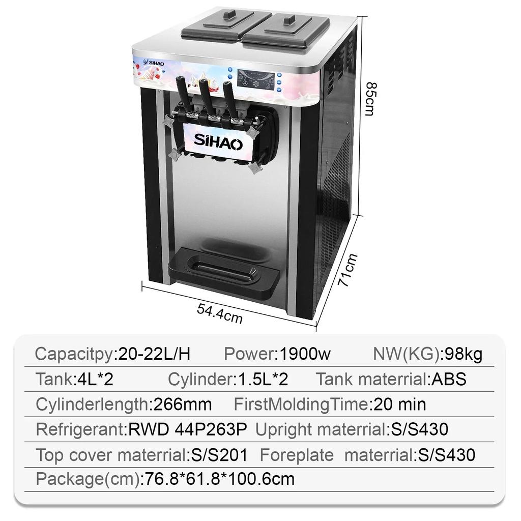 SIHAO Soft Serve Ice Cream Machine 20-28 L/h 3 Flavors Desktop