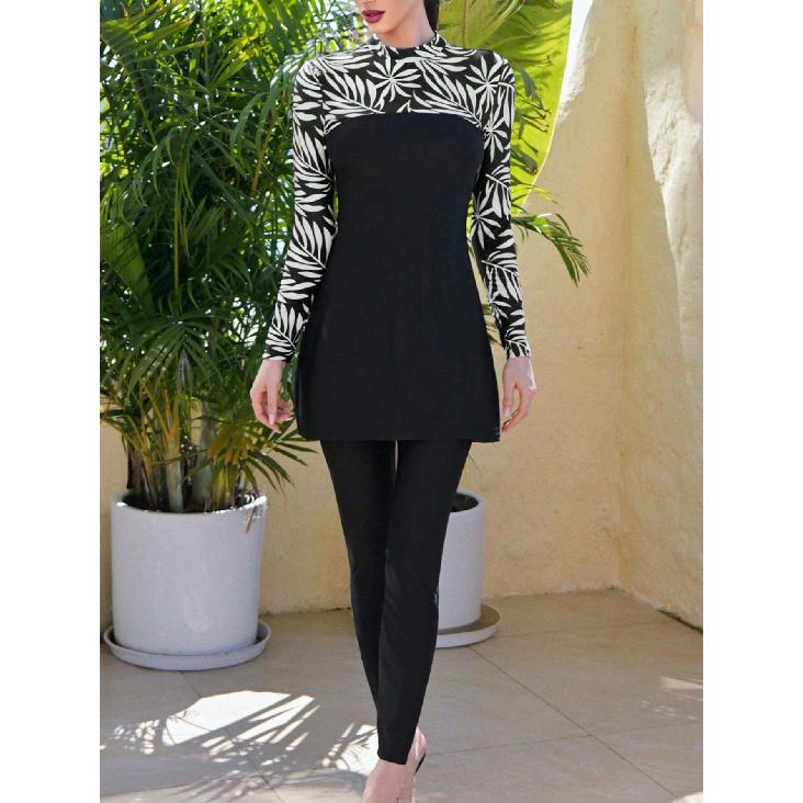 

Елегантний мусульманський жіночий купальник з двох частин, з принтом листя, що поєднується за кольором, купальний костюм з повним покриттям, пляжний одяг, набір купальника буркіні, багато кольорів S бежевий