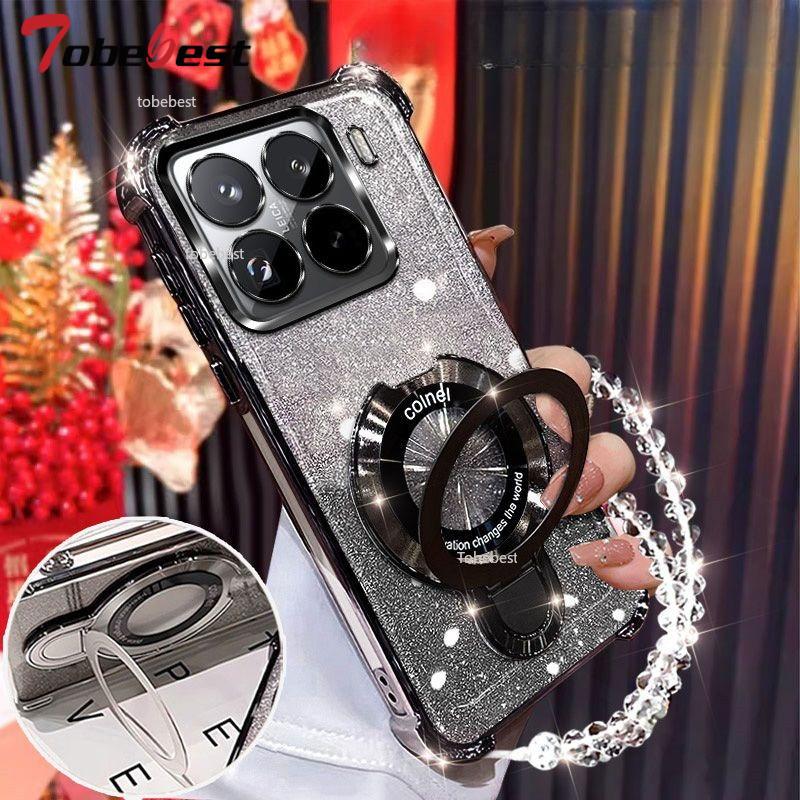 Glitter Plating Shockproof Case For Xiaomi 15 14 Ultra 14T 13 12 12S Pro Fundas Magnetic Holder Bracelet Cover