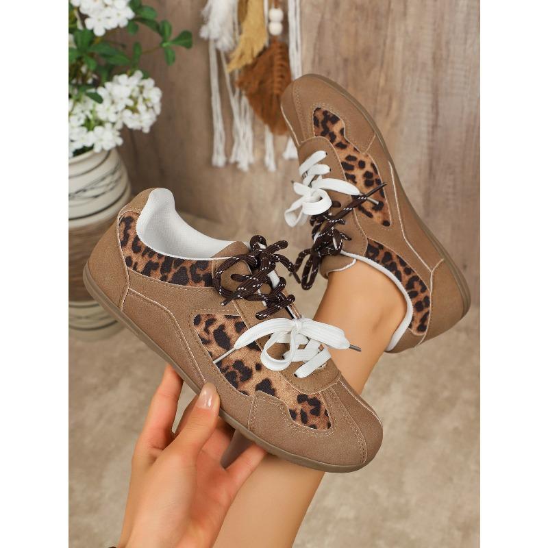 Vielseitige Freizeitschuhe für Frühling/Herbst – Atmungsaktive Zweifarbige Schnürschuhe mit Leopardenmuster, Retro-Flachschuhe, Deutsche Trainingsschuhe für Damen in Rosa