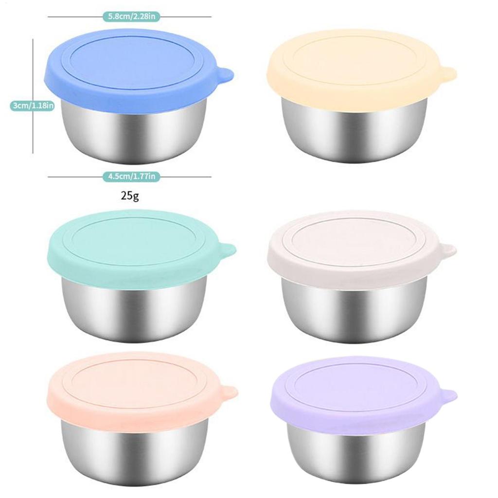 6 Pcs Leakproof Stainless Steel Dipping Sauce Cups Food Containers Reusable Salad Dressing Container Silicone Stretch Lids