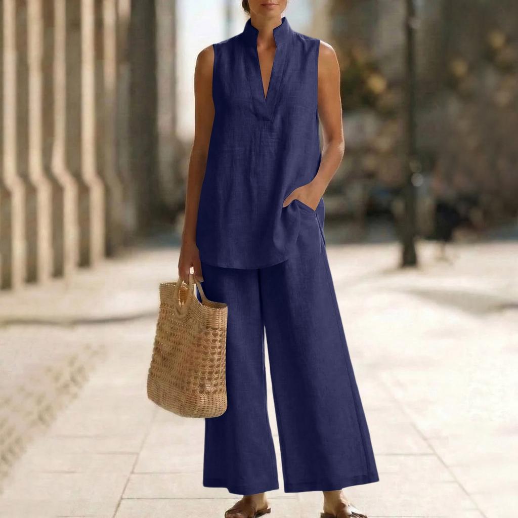 Women's Fashionable Loose V-neck Vest Sleeveless Pullover Top High-waisted Wide-leg Pants Set