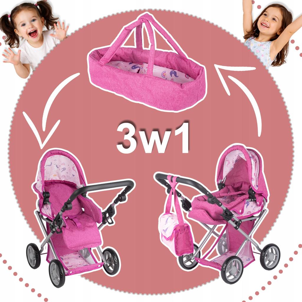 [PACZB] Puppenwagen 3 in 1 Korb, Buggy, Trage + Zubehör Z3333