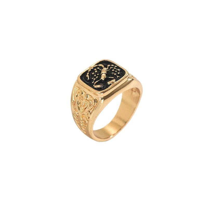 Vintage Scorpion Totem Gold Ring for Men Retro Enamel Inlay Biker Ring with Carved Pattern Stainless Steel Mens Statement Ring F