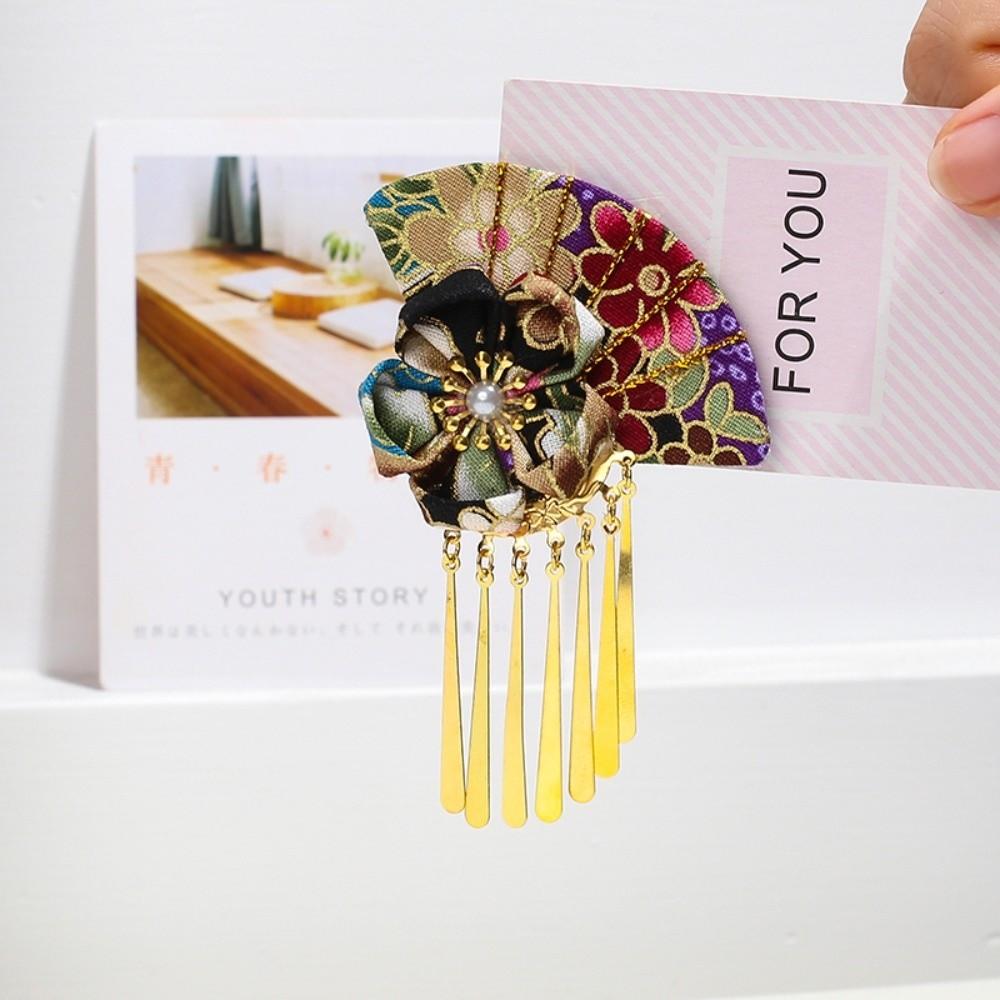 Elegant Kimono Hair Clip Traditional Sakura Flower Fan Shape Hairpin Cloth Metal Tassel Faux Pearl Decor Hair Clip