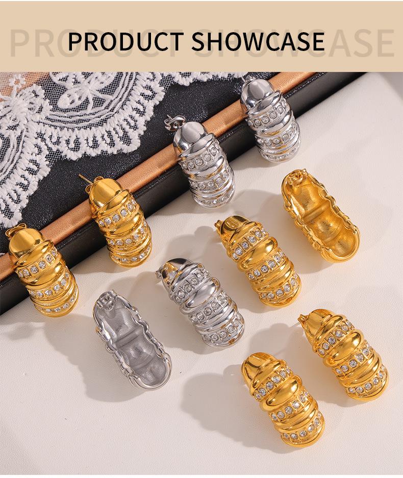 European-American Textured Design Earrings: Creative Diamond-Inlaid 18K Gold Plated Titanium Steel