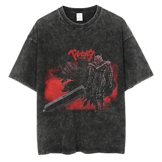 Berserk Guts Il Guerriero Nero Occhi Iconici Arrabbiati Stampa Grafica Vintage Lavato Usurato Oversize Manica Corta Casual Dark Fantasy Anime Manga