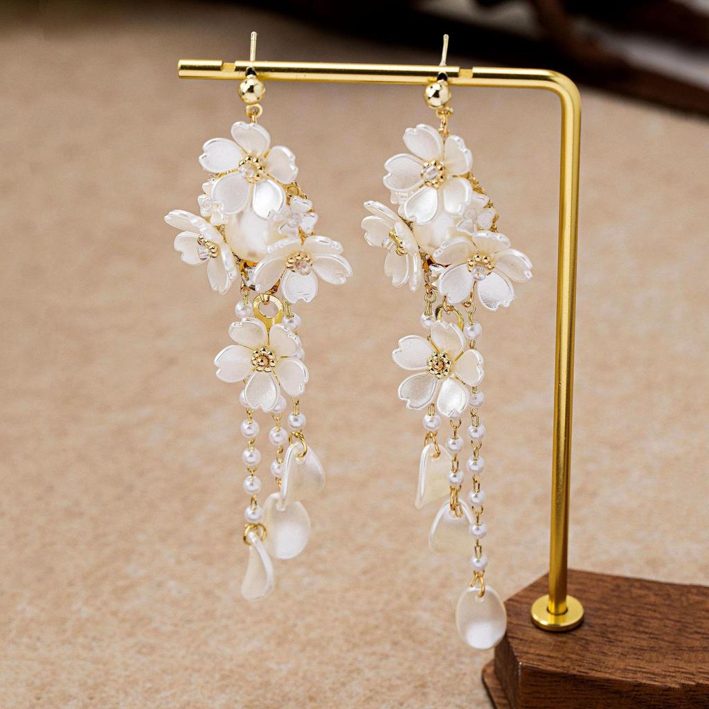French Luxe Long Tassel Floral Stud Earrings - Unique Seaside Vacation Design