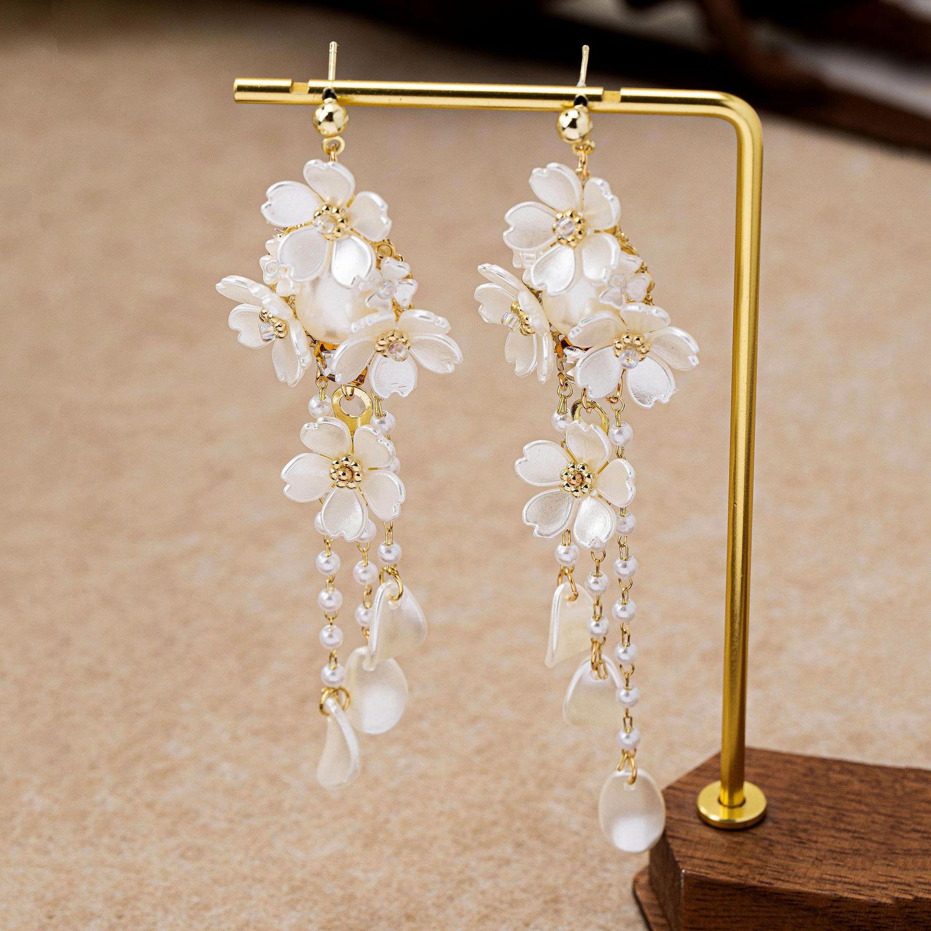 French Luxe Long Tassel Floral Stud Earrings - Unique Seaside Vacation Design