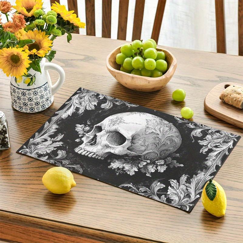 Four Elegant Gothic Skull Placemats Featuring Floral Designs - 12.0X18.0 Inch, Washable Polyester, Perfect for Table Decoration, Festive Parties, And