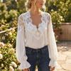 Solid Color Lace Splicing Tops Shirt Lantern Sleeves Blouse Fashion V Neck Sheath Tees  Daily Wear