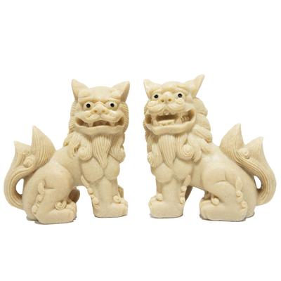 Pair of Shisa Figurines, Okinawa Sand-Colored Ivory, Comical Smile, Interior Decoration, Soothing Beach Scene, Gift, for Entryway