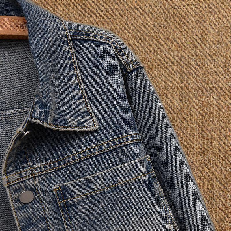 Women's Design Cropped Vintage Blue Denim Jacket with Long Sleeves for a Versatile Loose Jacket
