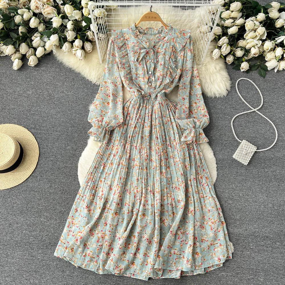 Spring new French V-neck long-sleeved waist temperament small fresh floral dress women's pleated long dress