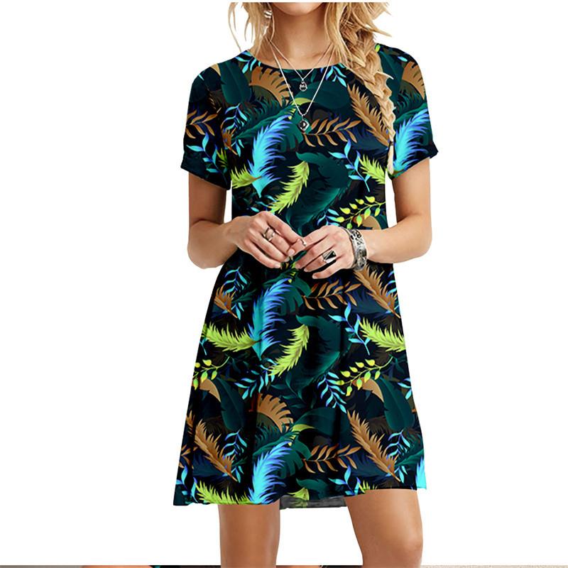 S-6XL Plus Size Dresses For Summer Women Beach Dress Palm Leaves Feather Print Dress Streetwear Casual Loose Ladies Dress