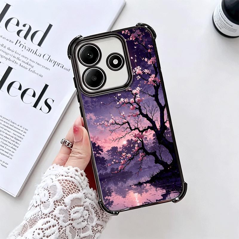 Dreamy Night Cherry Blossom Tree Plating Phone Case For Xiaomi Redmi Note 14 15 Pro Plus 13 12 11 11S 11T 10 9S 9 5G Anti-Fall A