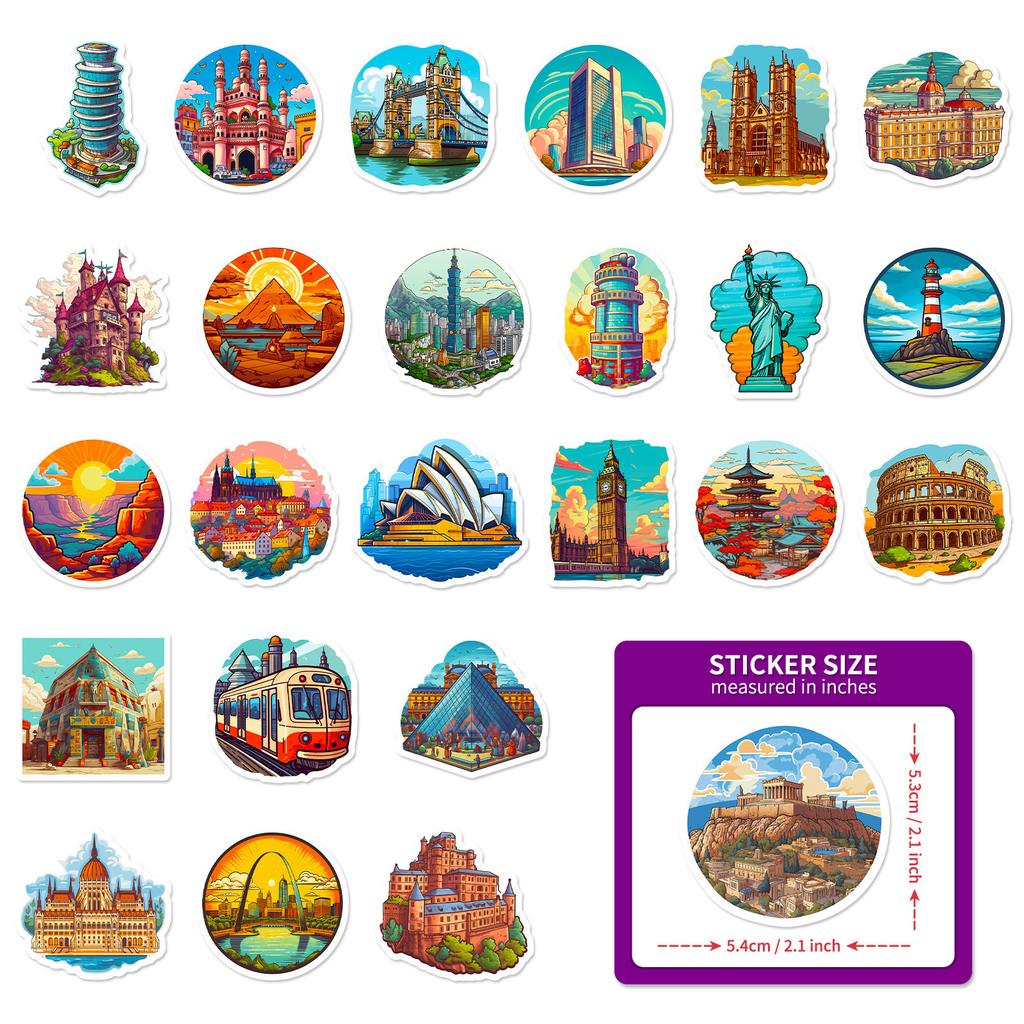50 Buildings World Landmark Decals Humanistic Landscape Creative Tourism City Laptop Suitcase Water-Repellent X
