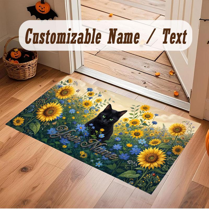 Cat Theme Crystal Velvet Floor Rug Personalized Custom Name Text Warm Carpet Home Decoration