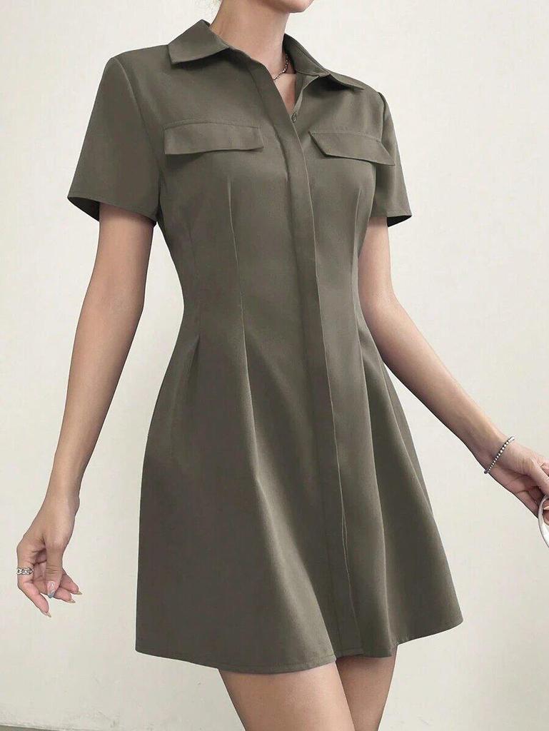 European and American Mid-length Pleated Waist Turn-down Collar Shirt Dress
