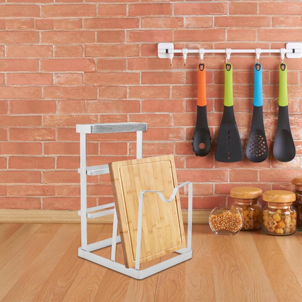 Stainless Steel Pot Lid Stand and Chopping Board Rack for Kitchen Countertop Organization, Storage Block, Space-Saving Cooking Accessory