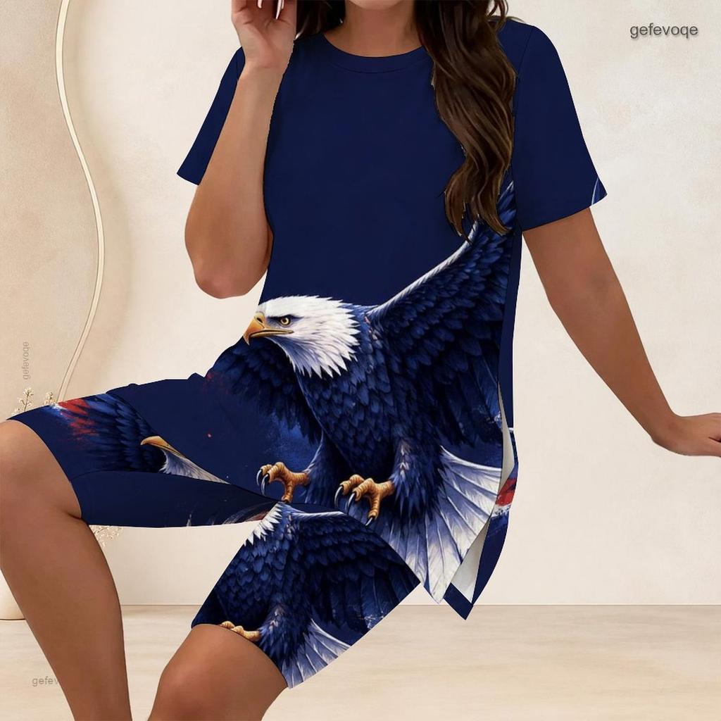 Women Plus Size Two Piece Outfit Eagle Print Round Neck Short Sleeve Split Top And Knee Length Pants
