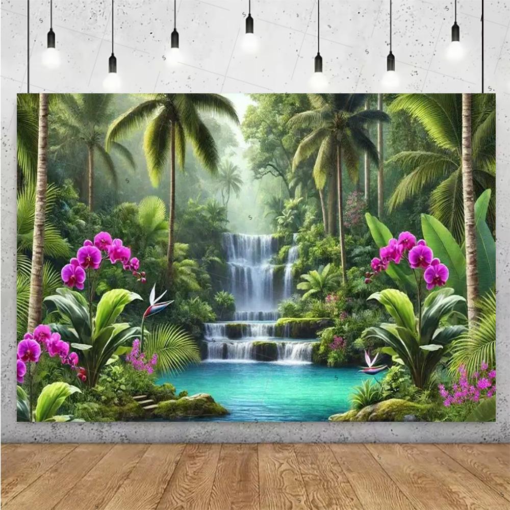 Forest Waterfall Wonderland Backdrop Supplies Rainforest Natural Scenery Background Banner Wall Party Decor Photography Props