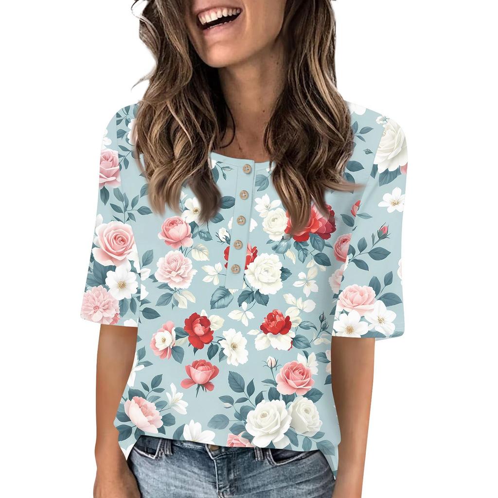 Shirts For Women Trendy Round Neck Button T Shirts Printed Blouse Half Sleeve Tops For Women