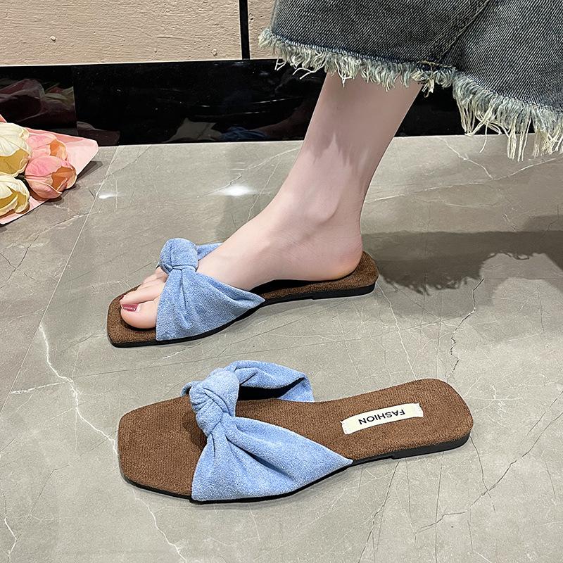 

Suede cool slippers women s summer new outer wear fairy wind square head flat bottom one-word drag beach slippers large size women s shoes 43 светло-синий