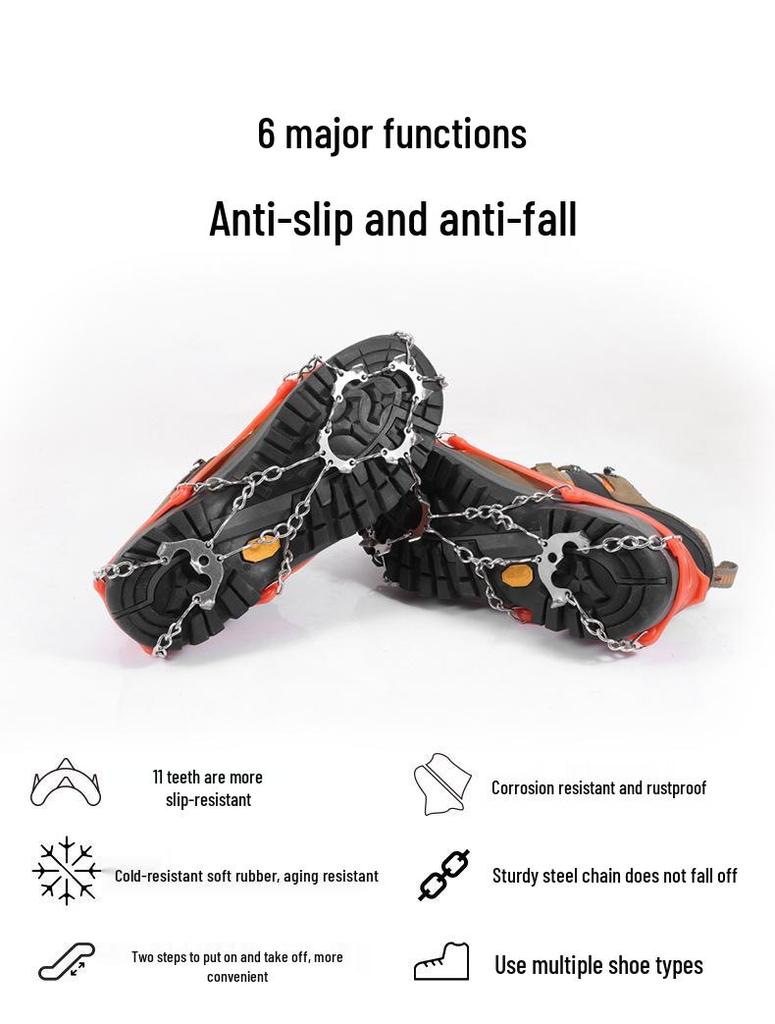 11-Teeth Stainless Steel Ice Cleats: Slip-Resistant Boot and Shoe Covers for Outdoor Snow, Hiking, and Mountaineering